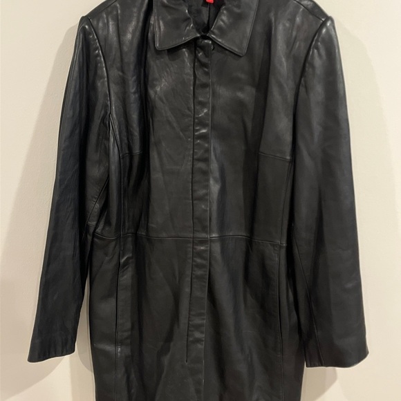 Anne Klein Leather Long Black Jacket Coat 90s Medium Full Zip vintage lambskin - Picture 6 of 9